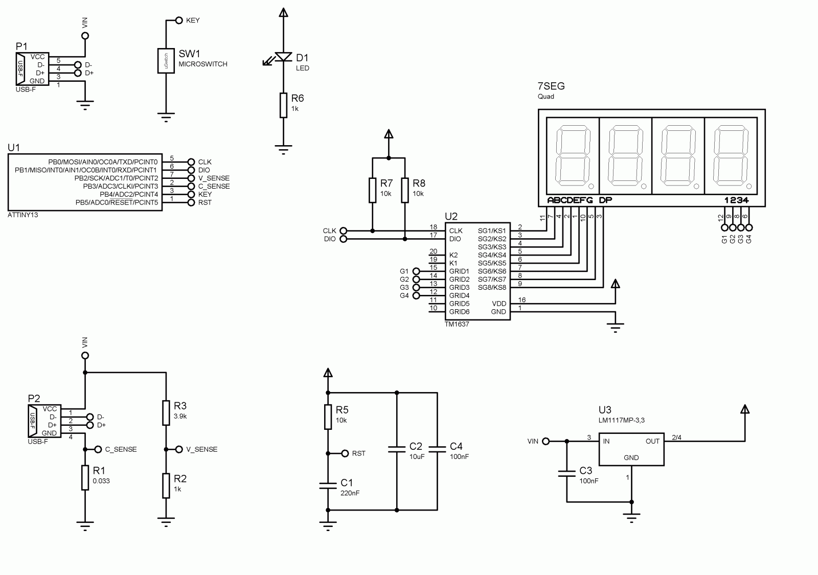 Self-Calibrating USB Voltage/Current Meter Schematic Diagram.