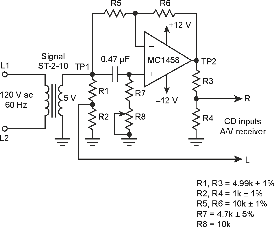 This simple op-amp circuit provides up to 60 degrees of adjustable phase-shift needed to create the split-phase inputs to the AV receiver.