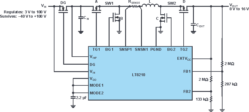 LT8210 8 V to 16 V Pass-Thru regulator circuit.