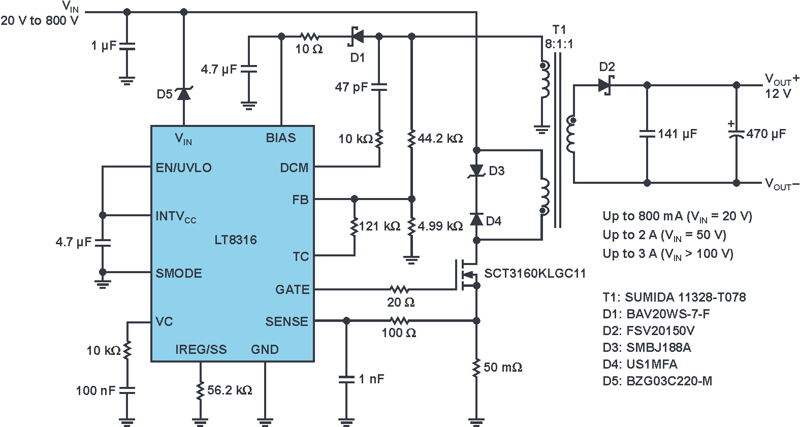 A complete 12 V isolated flyback converter for a wide input from 20 V to 800 V with a minimum start-up voltage of 260 V.