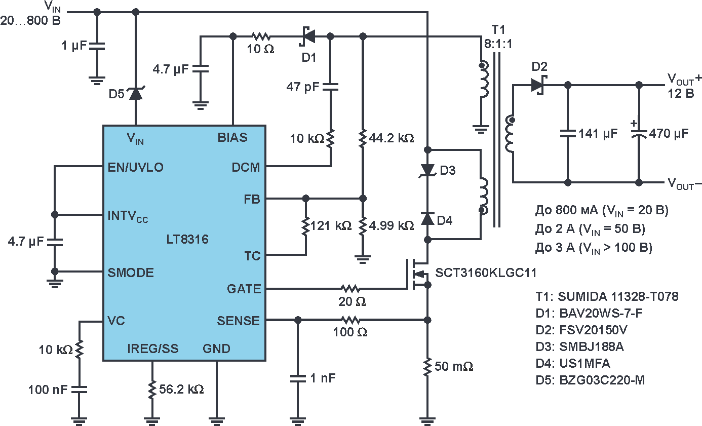 Законченный 12-вольтовый обратноходовой преобразователь для широкого диапазона входных напряжений от 20 В до 800 В с минимальным напряжением запуска 260 В.