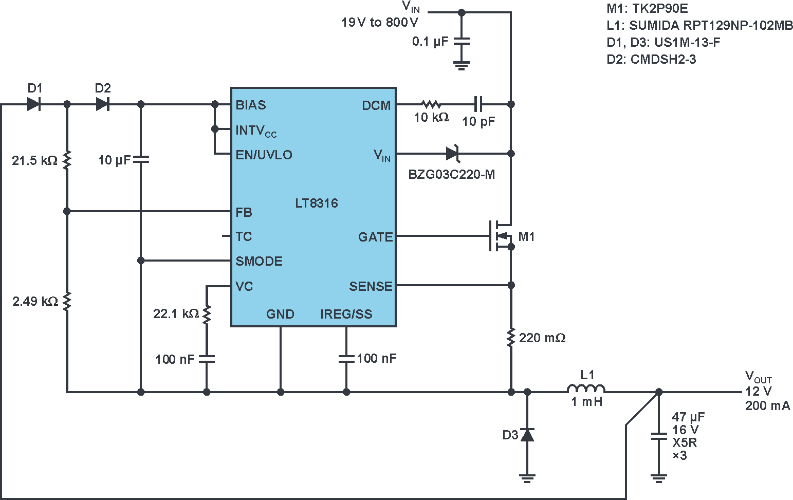 Schematic of a nonisolated buck converter with up to 800 V supply voltage.