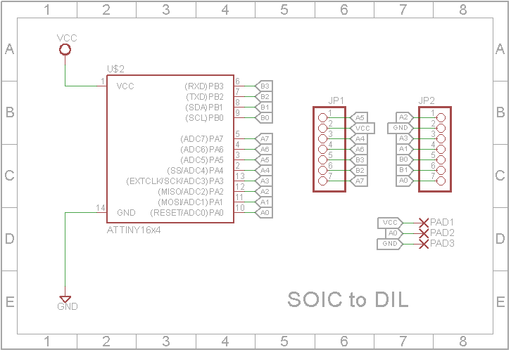 Schematic Diagram of a simple adapter board that allows a ATtiny1614 chip to be used as standard Dual-In-Line device.