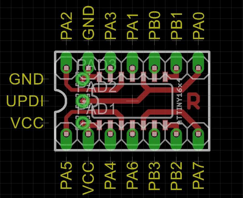 Eagle PCB design for ATtiny1614 SOIC-to-DIL adapter board. 