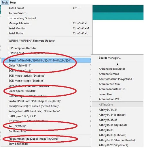 Select board type for Attiny1614 in Arduino IDE.