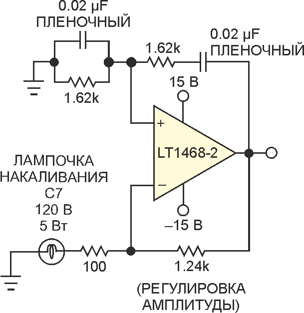 В 5-килогерцовом генераторе синусоидальных колебаний с низкими искажениями и шумами на основе моста Вина, стабилизированном лампочкой накаливания, RC-цепь обратной связи в середине частотного диапазона ослабляет усиление в 3 раза. Самонагрев лампочки увеличивает коэффициент усиления ОУ до 3.