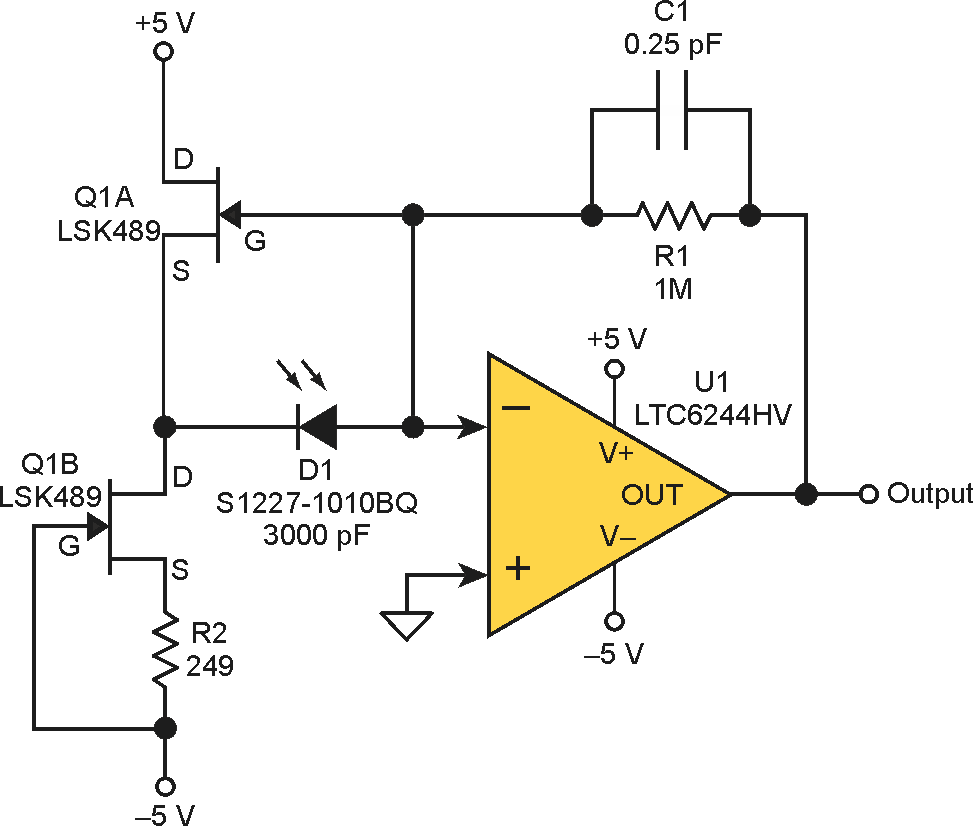 Using a dual-JFET improves the bootstrapping and reduces the dc voltage across the diode. The capacitance across the source resistor reduces the resistor noise contribution.