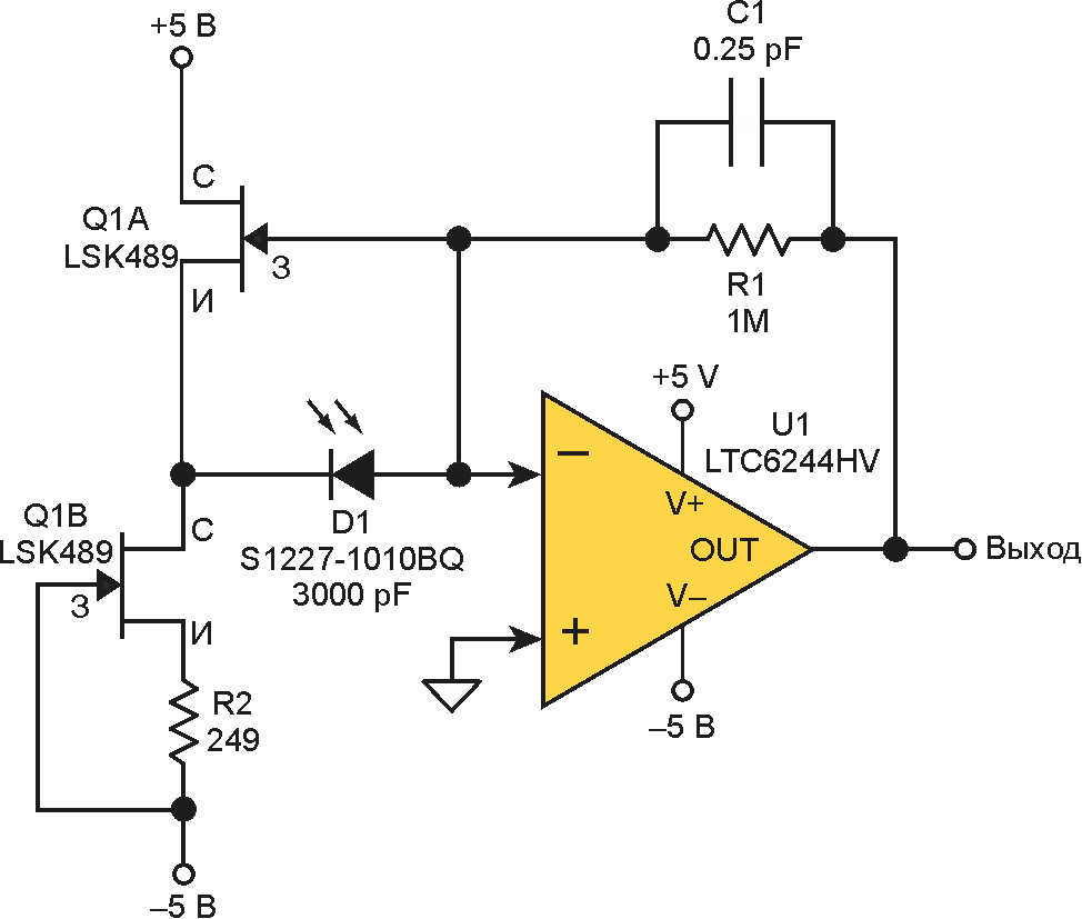 Использование сдвоенного полевого транзистора улучшает динамическую нейтрализацию и снижает постоянное напряжение на фотодиоде. Емкость, включенная параллельно истоковому резистору, уменьшает вклад шумов сопротивления.