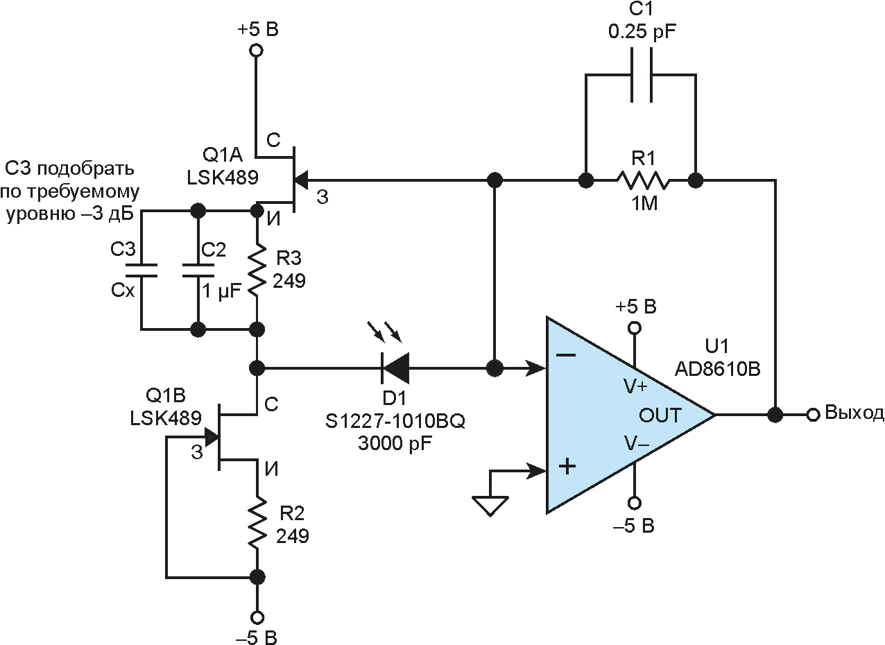 Постоянное смещение на фотодиоде становится еще меньше при согласовании сопротивлений истоковых резисторов двух полевых транзисторов.