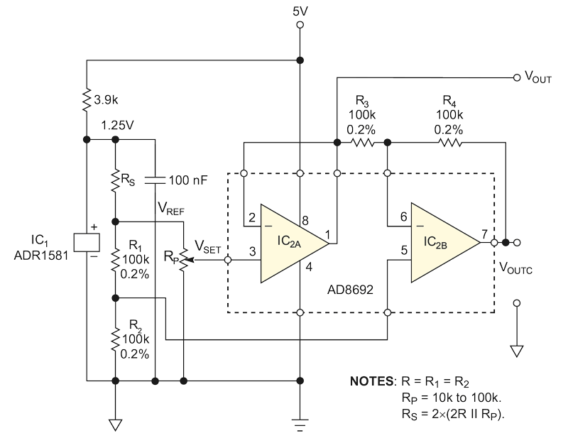 The circuit outputs two analog voltages whose sum always equals the reference voltage.