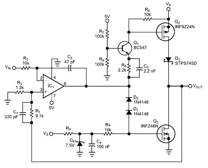 This simple circuit allows you to control voltages far in excess of the positive-supply rail.