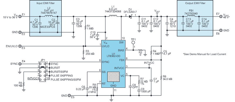 Schematic demonstration circuit DC2628 used to build a phantom power supply.