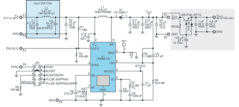 The same circuit as Figure 1, but with a capacitance multiplier (gray) at the output to suppress audio frequency noise produced by the switching regulator.