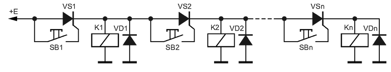 Релейно-тиристорная схема зависимо-последовательного включения нагрузок.