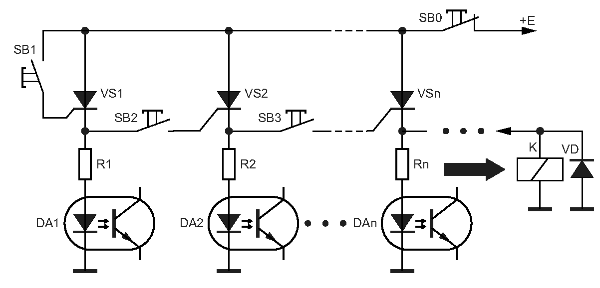 Тиристорная схема зависимо-последовательного включения нагрузок с общим единовременным сбросом (отключением) нагрузок.