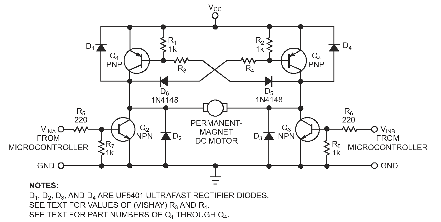 This improved H-bridge-driver circuit uses transistors in complementary pairs and requires only two low-level control signals.