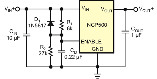 Resistor R2 increases the enable pin's switching threshold voltage.