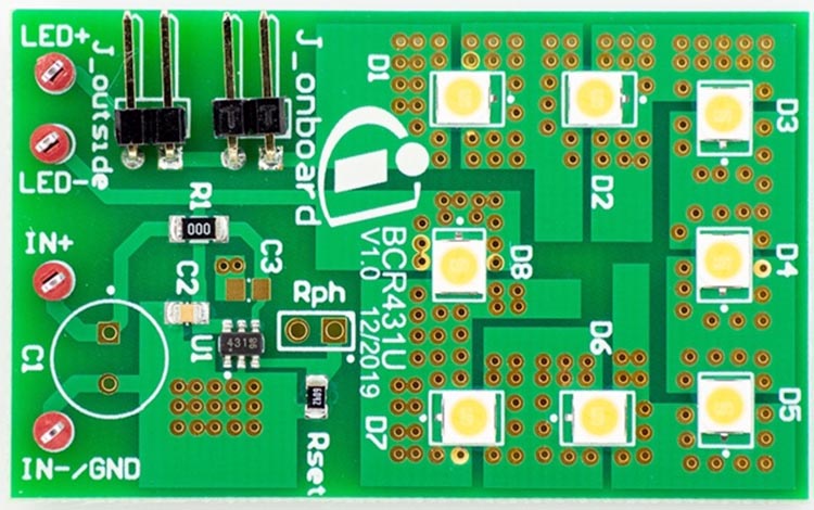 Demoboard with BCR431U low-voltage drop LED driver IC