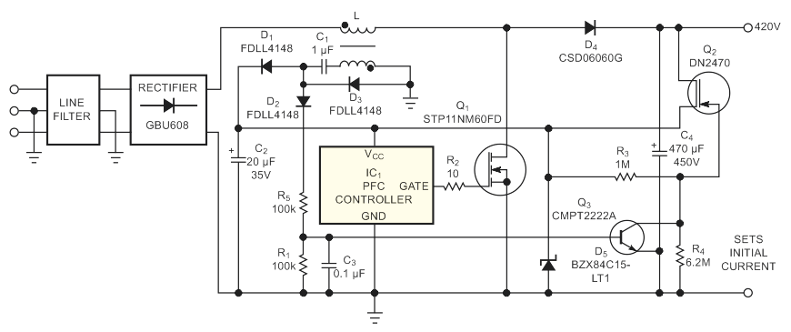 A depletion-mode, high-voltage MOSFET provides a kick-start for a PFC IC. During normal operation, the MOSFET switches off and dissipates negligible power.
