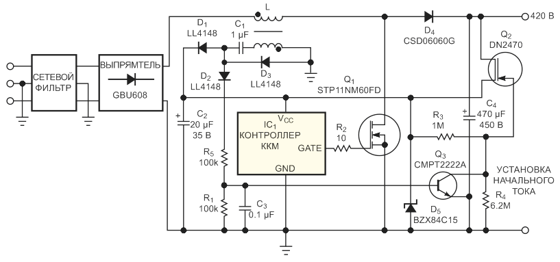 Высоковольтный MOSFET, работающий в режиме обеднения, обеспечивает начальный запуск микросхемы ККМ. Во время нормальной работы MOSFET выключен и потребляет ничтожную мощность.