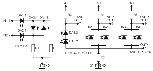 Электрическая схема универсального оптоэлектронного логического элемента.