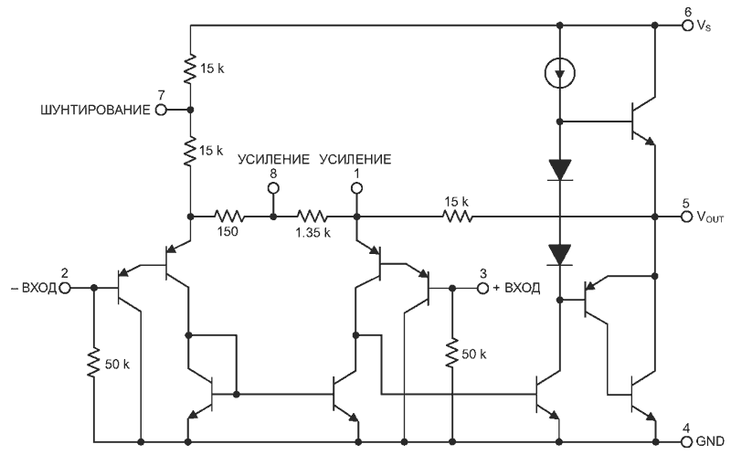 Схема из технического описания микросхемы LM386 компании Texas Instruments.