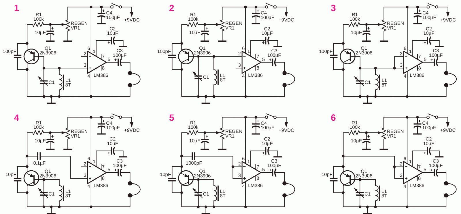 Create LM386 shortwave regenerative receivers using high gain and RF envelope detector modes.