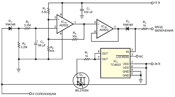 В запускаемом внешним сигналом драйвере соленоидов используется аналоговый ограничитель времени включения.