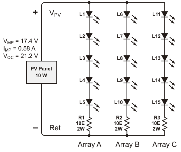 This schematic of the 10 W solar day lamp includes resistive current limiting.