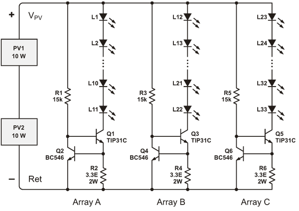 Here is the schematic of a 20 W solar day lamp with active current limiting.