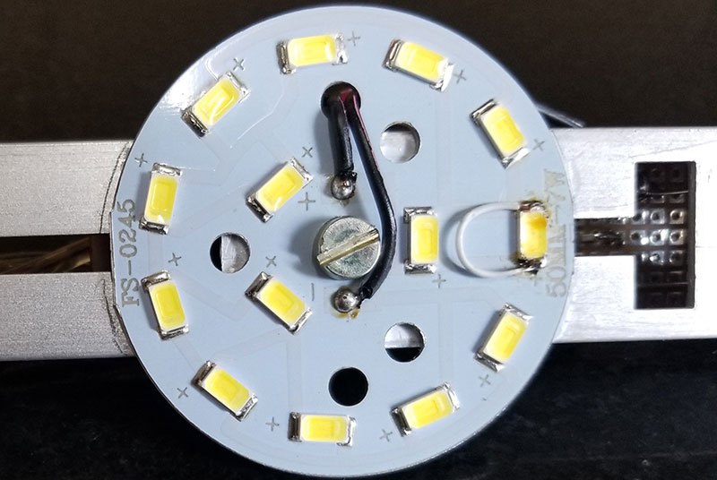 One of the LEDs has been deliberately shorted to reduce the array to 11 LEDs.