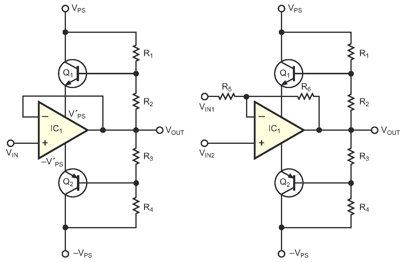 These simple circuits present the general methods of connecting the amplifier as an inverter or a follower to effect increased output voltage.