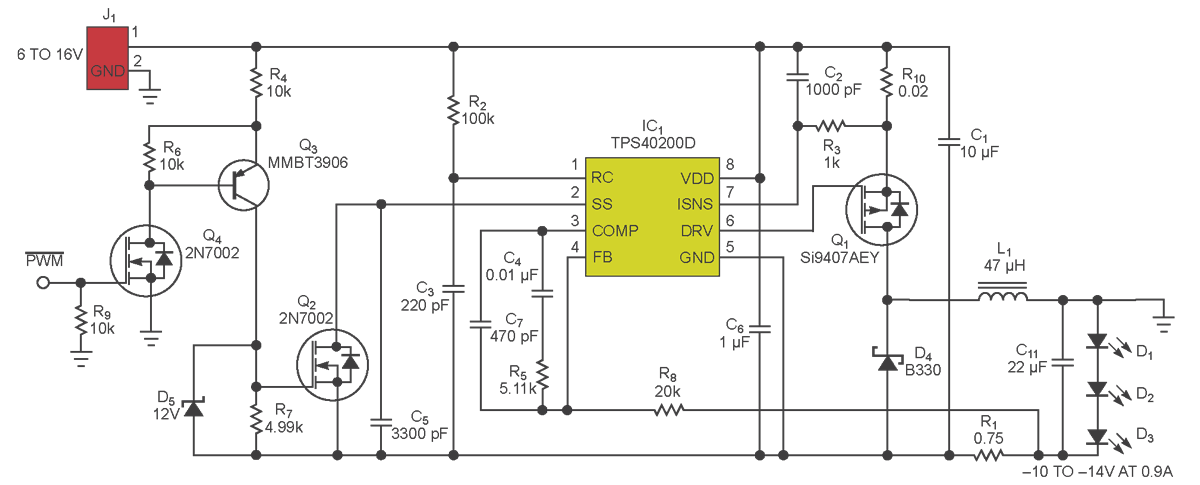 This buck-boost circuit regulates a constant LED current with a negative output voltage.