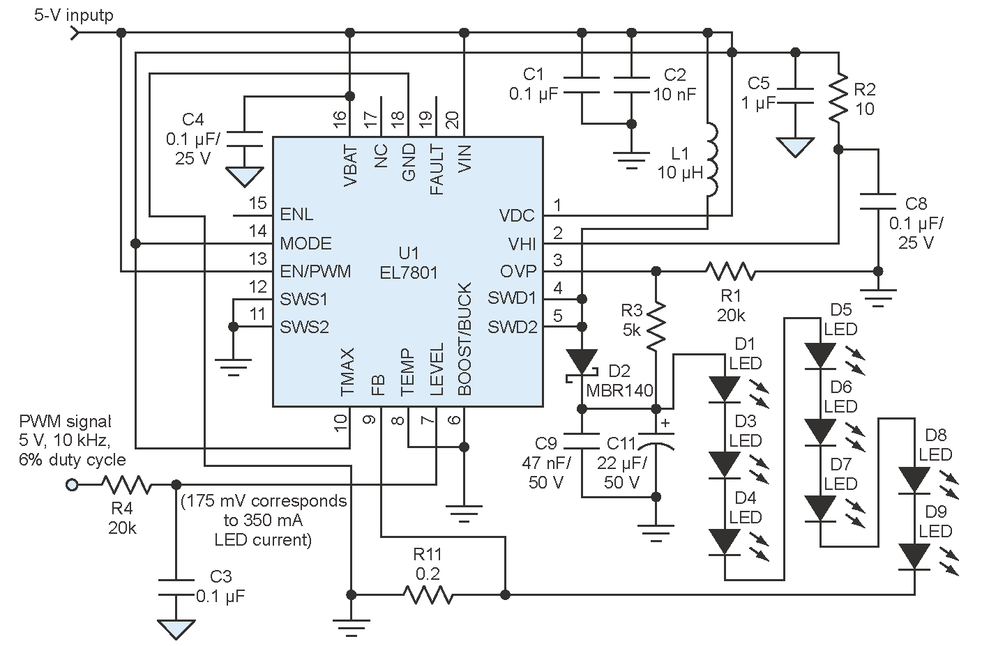 Using a boost LED driver with a LEVEL pin in addition to an EN pin, and then adding a low-pass filter to the driver circuit (R4-C3), reduces the ripple current.