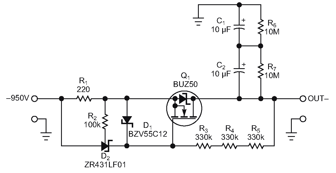 This modified version of the circuit in Figure 1 produces current using negative voltages.