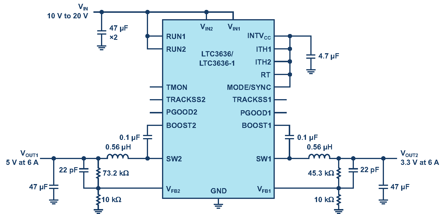 High efficiency dual buck regulator.