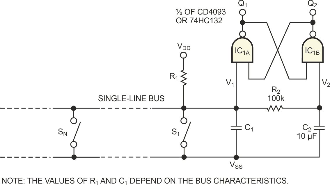 A short activation of any one of the pushbutton switches, S1 to SN, locks the output state to Q1 high and Q2 low. A long activation sets the circuit to the opposite state: Q1 low and Q2 high.