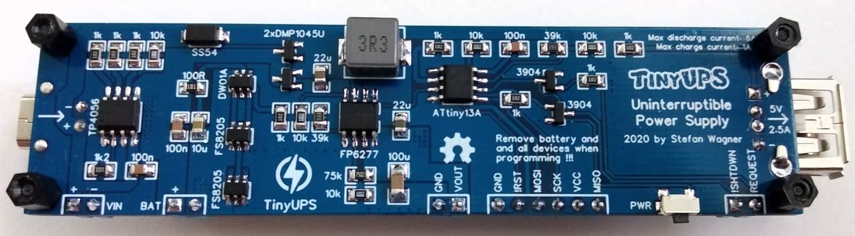 TinyUPS is a simple 5V/2.5A uninterruptible power supply with a li-ion battery.