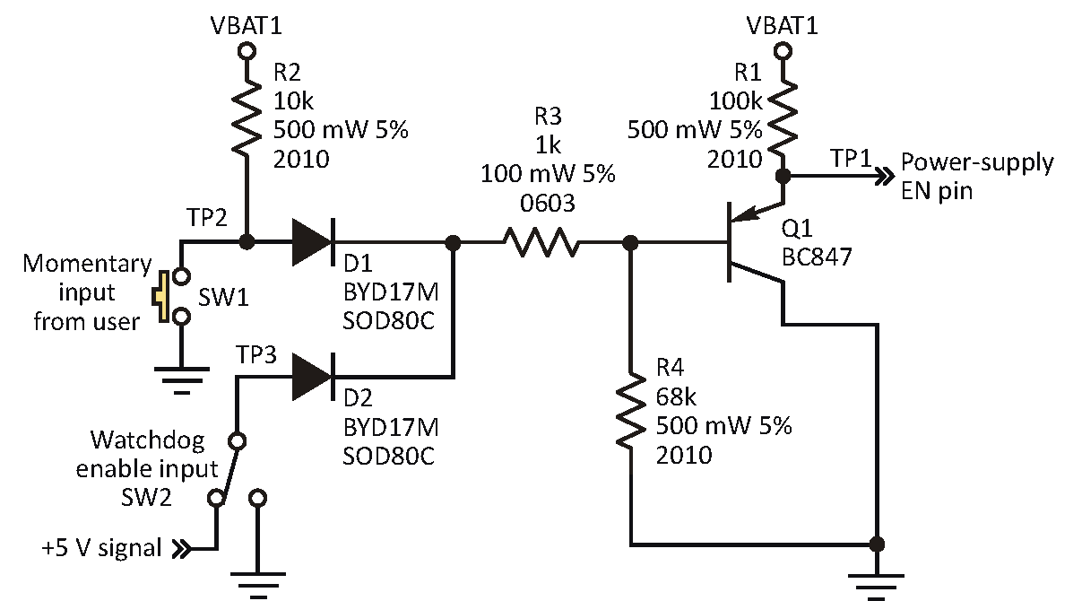 Dual inputs on this automotive power-supply reset circuit ensure that an accidental ground on one signal has no effect.