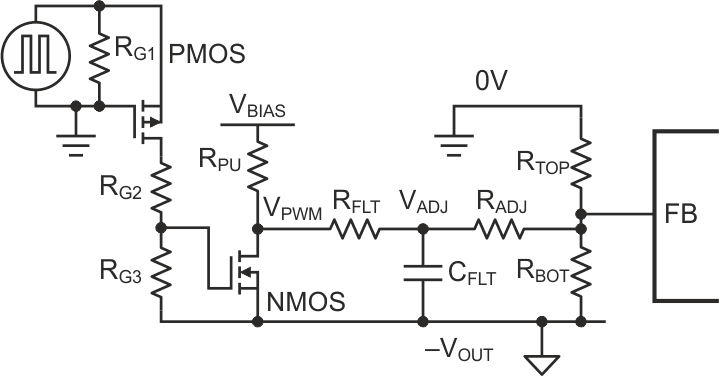 В этом примере схемы сдвига уровня использованы дискретные компоненты, смещающие опорный уровень земли сигнала ШИМ к опорному уровню -VOUT микросхемы преобразователя.