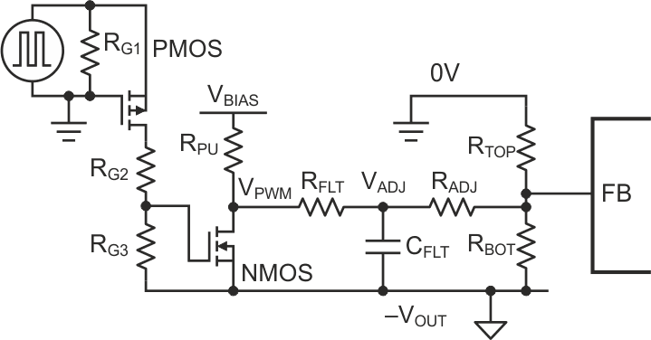 This example level-shifting circuit uses discrete components to convert the PWM signal from ground reference to the IC's reference, -VOUT.