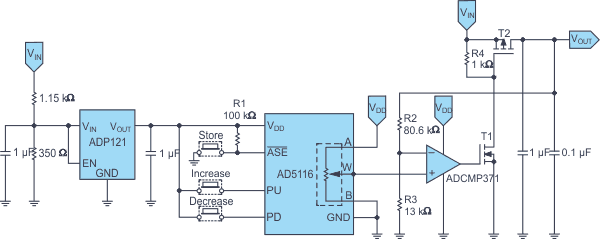 A push-button controlled high voltage switching regulator with variable output.