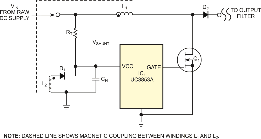 In a conventional switched-mode power supply's bootstrap circuit, trickle-charge resistor RT and capacitor CH supply start-up power to the pulse-width modulator and controller, IC1.
