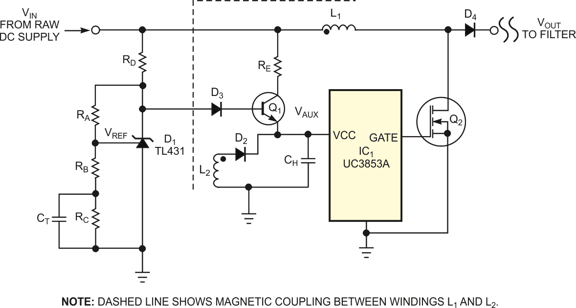 In this augmented bootstrap circuit, transistor Q1 delivers a robust initial pulse of current to capacitor CH, ensuring faster start-up and power delivery.