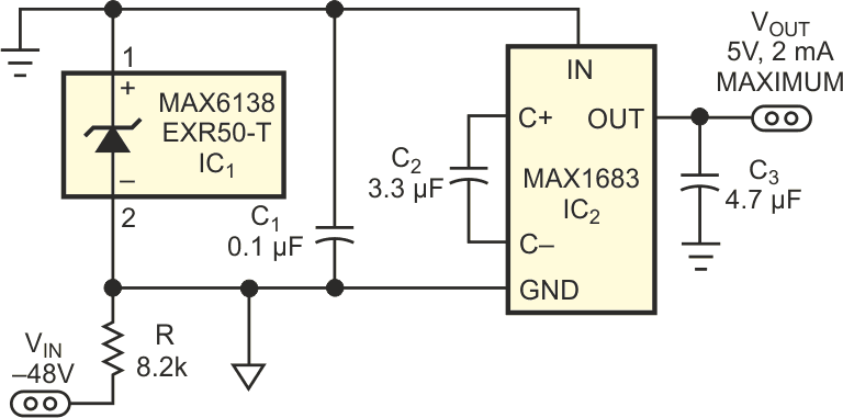 This small, simple circuit produces 5 V at 5 mA from a -48 V input.
