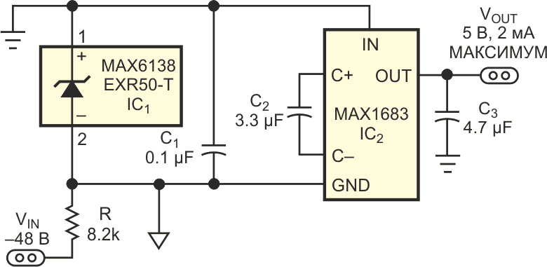 Эта небольшая и простая схема преобразует напряжение -48 В в 5 В.