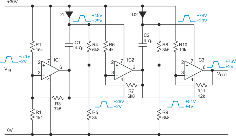 This analogue charge pump uses op amps instead of switches to achieve linear operation.