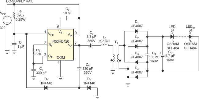 Adding a transformer to the circuit in Figure 1 allows you to connect as many LEDs as necessary.