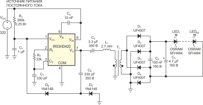 Добавление трансформатора в схему на Рисунке 1 позволяет подключить любое необходимое количество светодиодов.