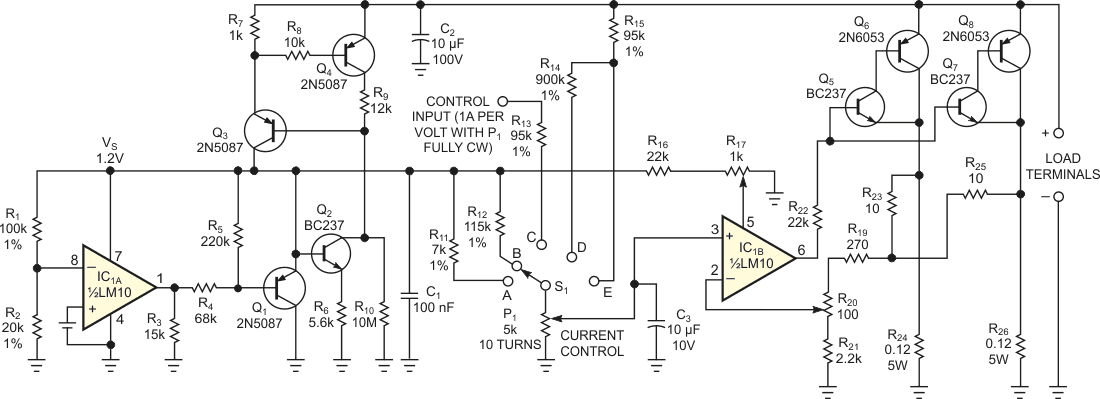 This versatile precision load circuit draws constant current or emulates an adjustable power resistor.